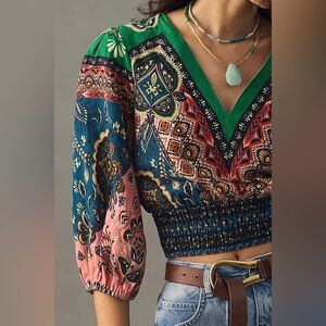 Farm Rio Deep-V Puff-Sleeve Top